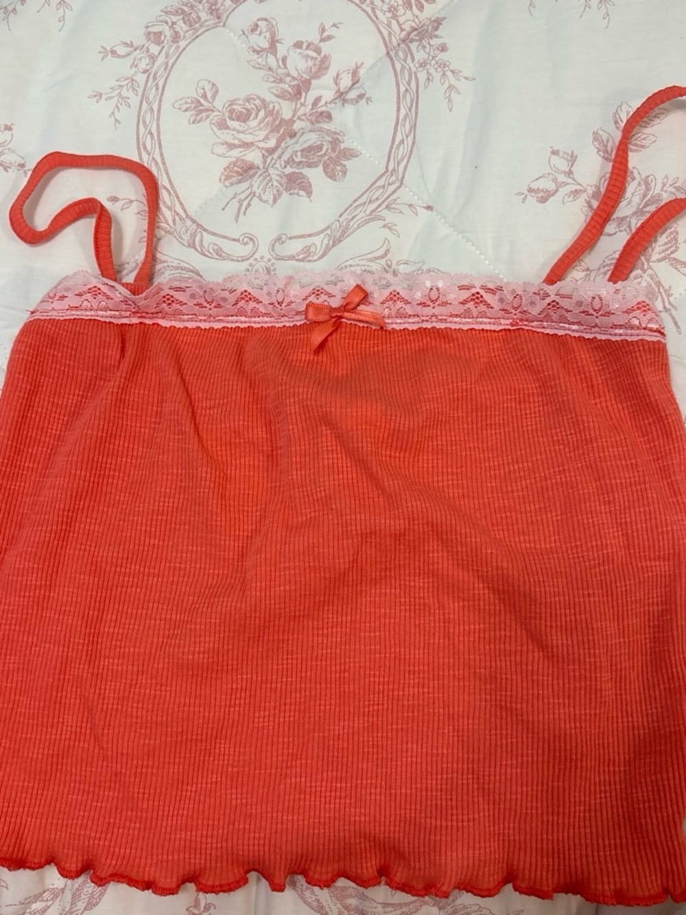 Coral Red Ribbed Lace-Trim Sleep Cami
